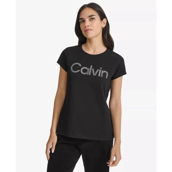 Calvin Klein Women's Crystal-Logo Crewneck T-Shirt Casual Chic Black XS - Picture 1 of 4